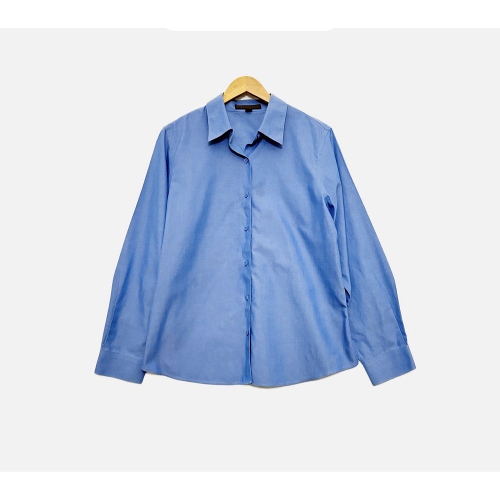 NINA MCLEMORE Button Down Shirt Blue Iridescent Sz 12 Office Work Casual Luxury